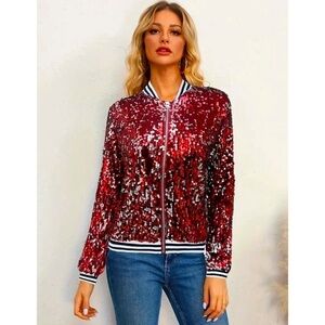 Red and Silver Sequins Bomber Jacket